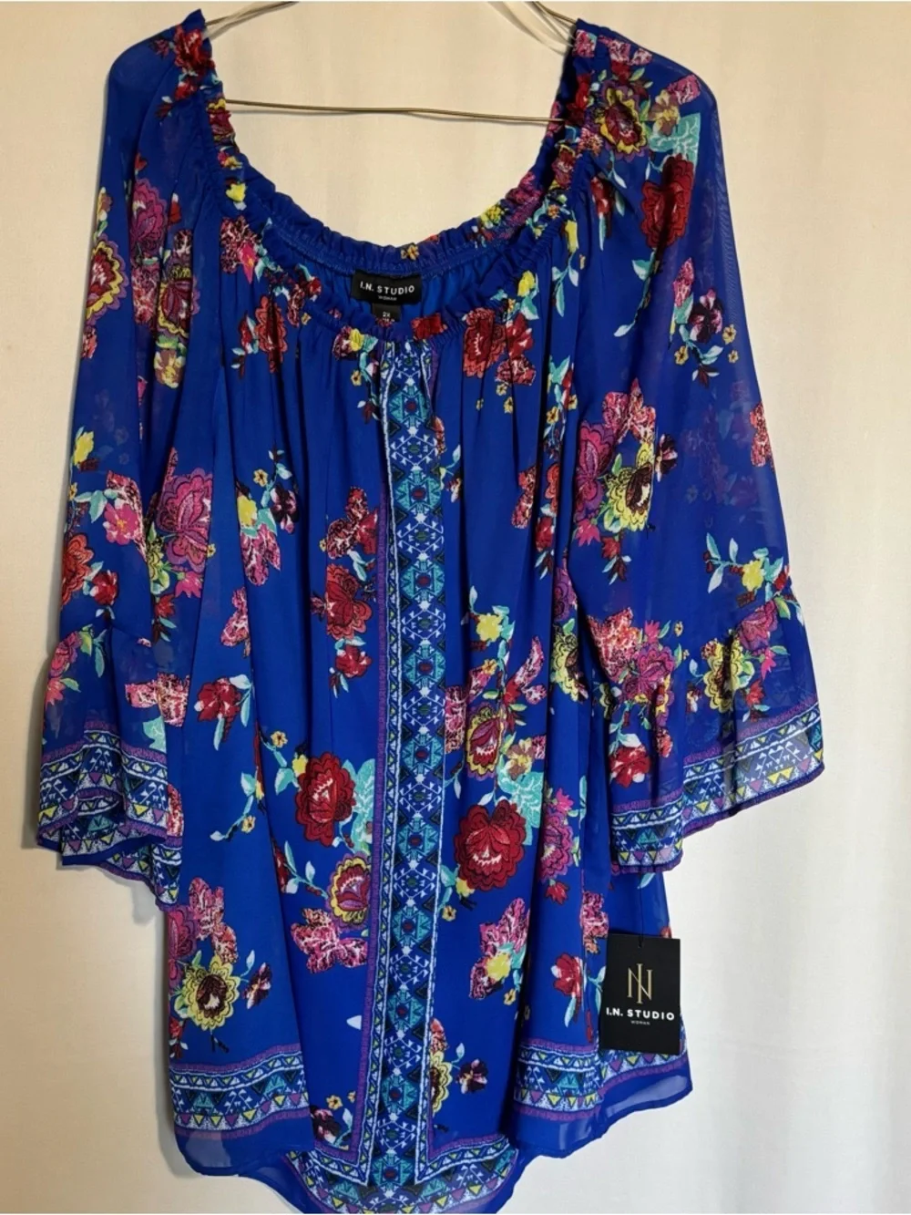 New I.N. Studio Women's 2X Blue Floral Boho Peasant Flowy Blouse - Picture 1 of 7